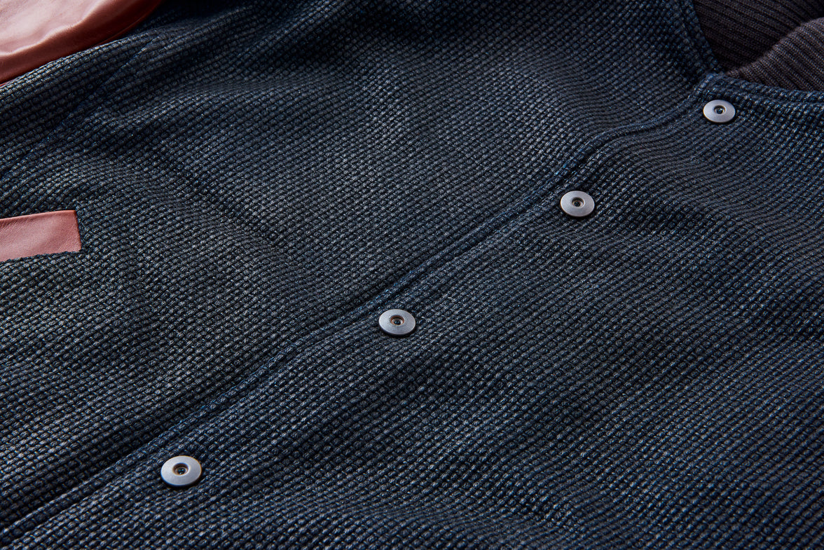 Go Blue! Sashiko Varsity Jacket - Burgundy/Blackened Indigo